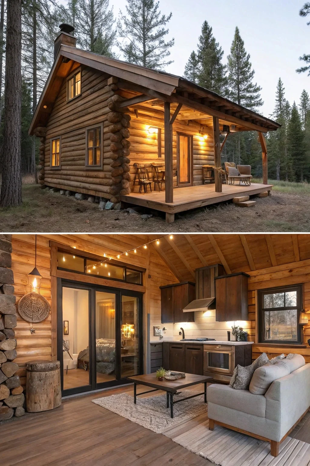 a beautiful, completed small log cabin tiny house nestled in a natural setting (woods or mountains).