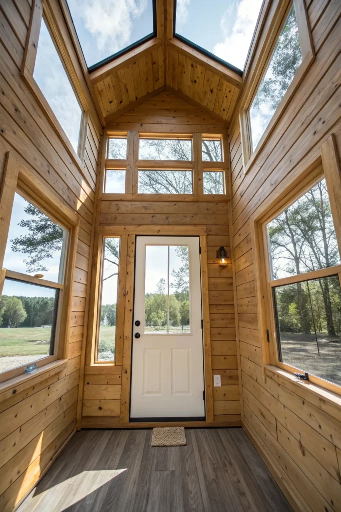 Image showing windows and a door installed in the tiny house shell.