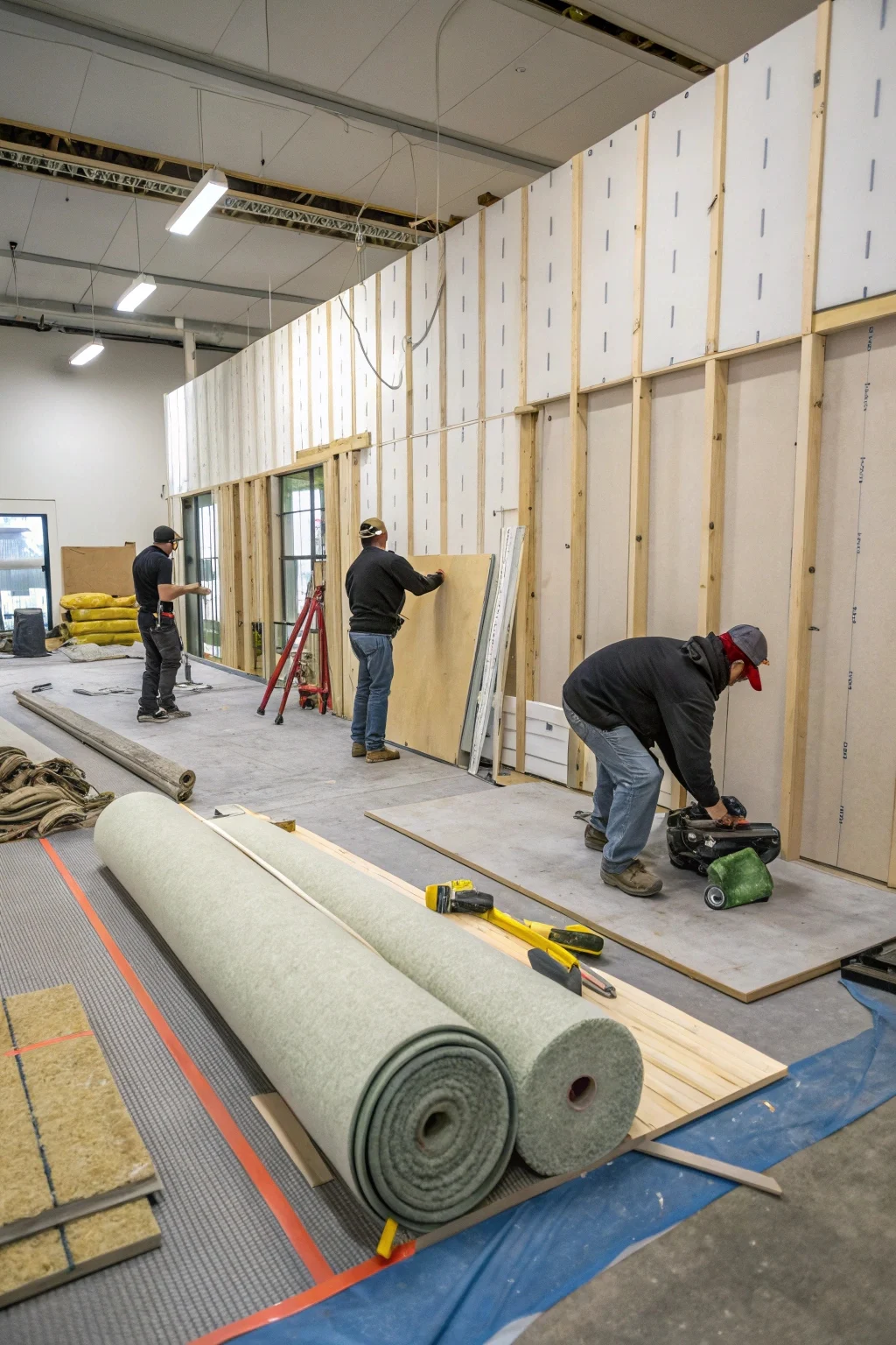 Image showing interior work in progress – insulation, wall paneling, or flooring being installed.