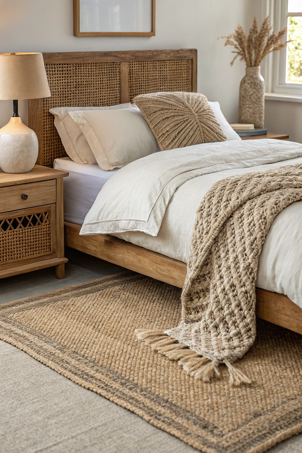 Layered boho textures: jute rug, linen duvet, bouclé pillow, knit throw, ceramic lamp & rattan bed grain detail.