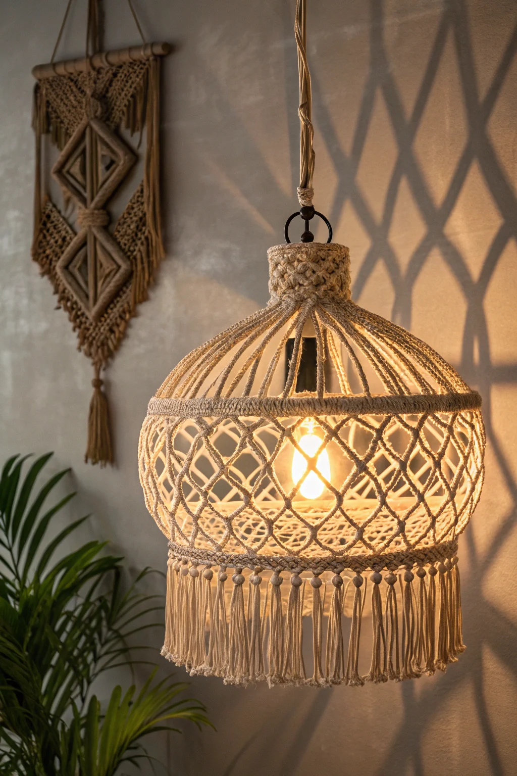 Macramé pendant light casting woven shadows in modern boho bedroom. Warm bulb glow, natural fiber texture.