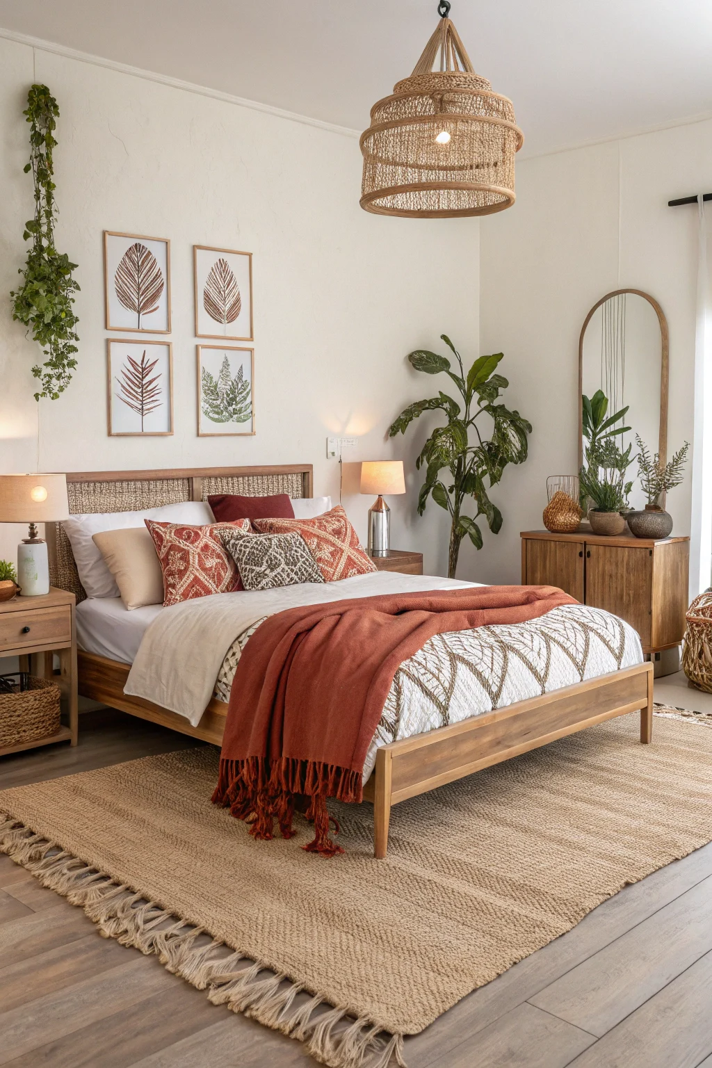 Modern boho bedroom with rattan platform bed, layered linen bedding, vintage nightstands, gallery wall, and hanging macramé light in earthy tones.