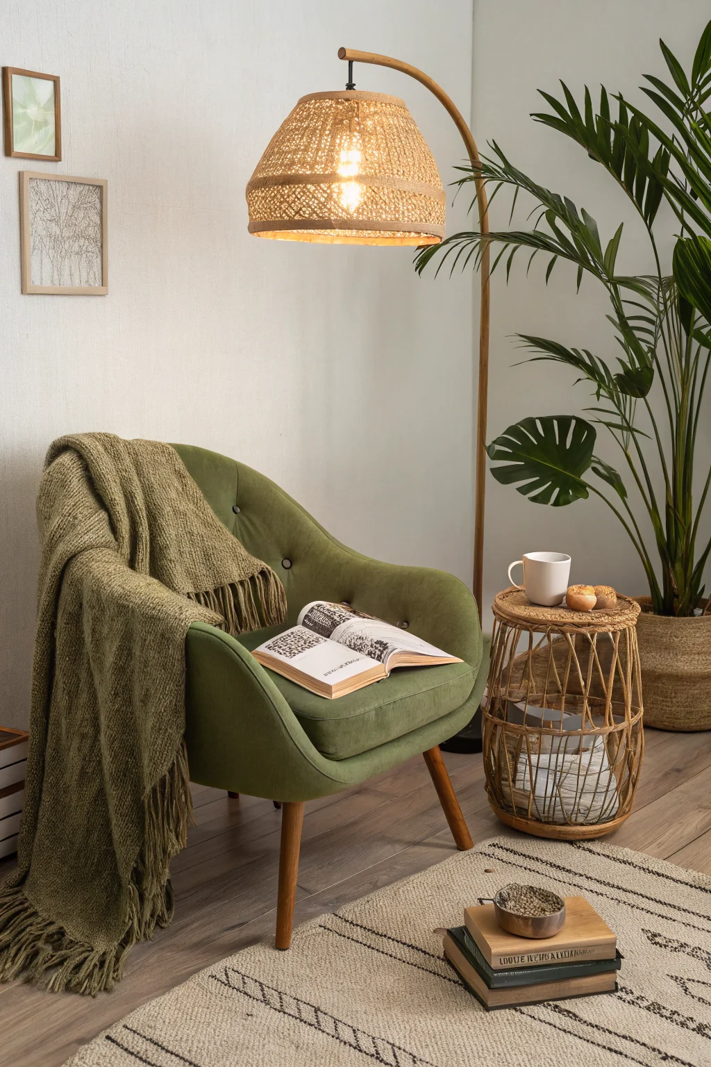 Cozy boho reading nook: olive linen armchair, rattan side table, woven floor lamp, wool throw & leafy plant.