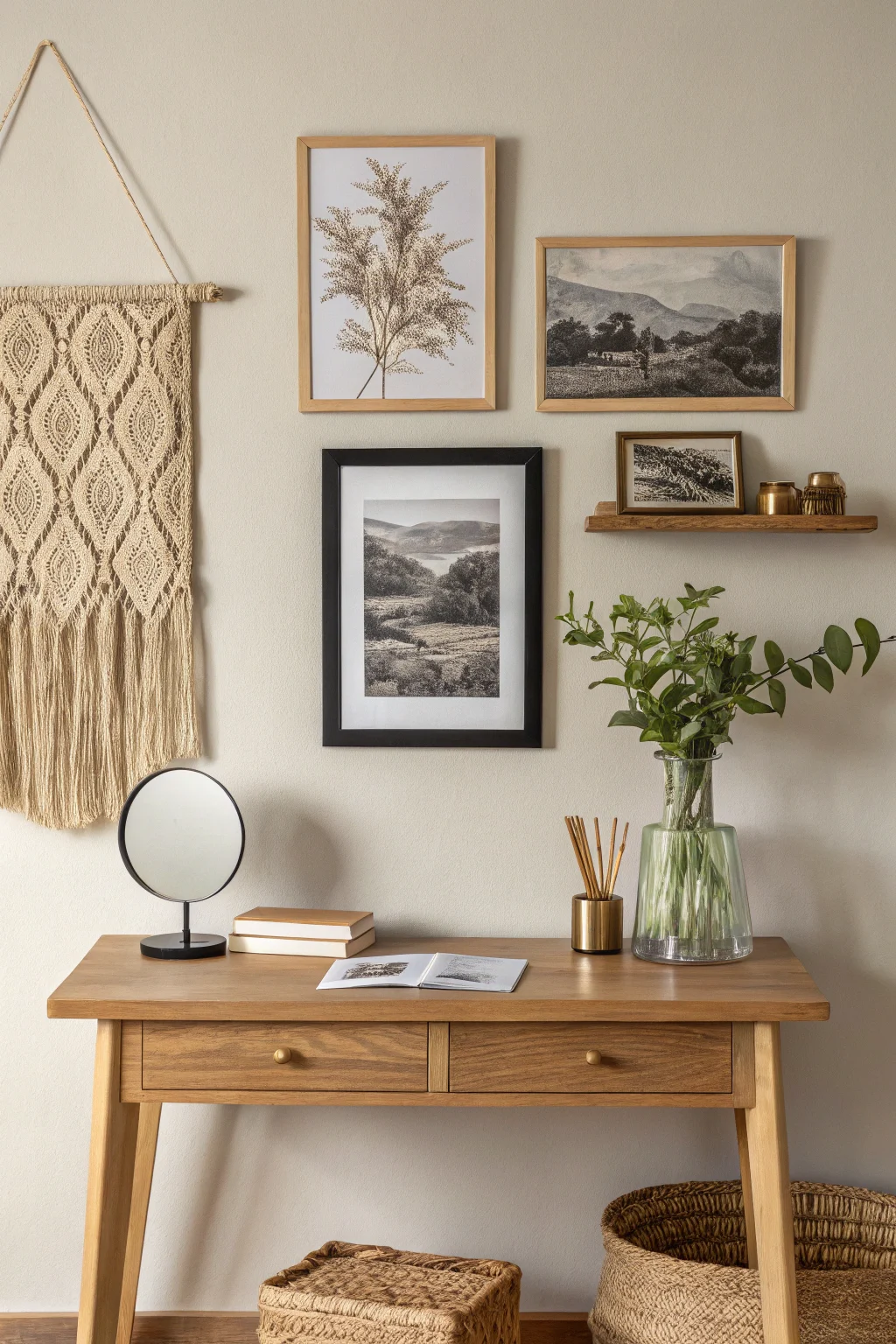 Curated boho gallery wall: vintage painting, woven textile, photograph, mirror, pressed botanical & brass shelf with vase.