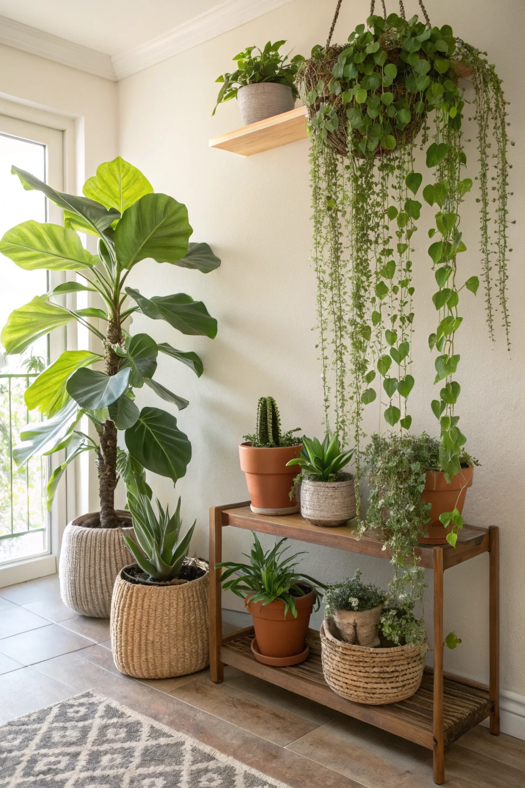 Boho plant collection: Fiddle Leaf Fig, trailing Pothos, succulents in terracotta pots on layered shelves. Sunlit greenery.