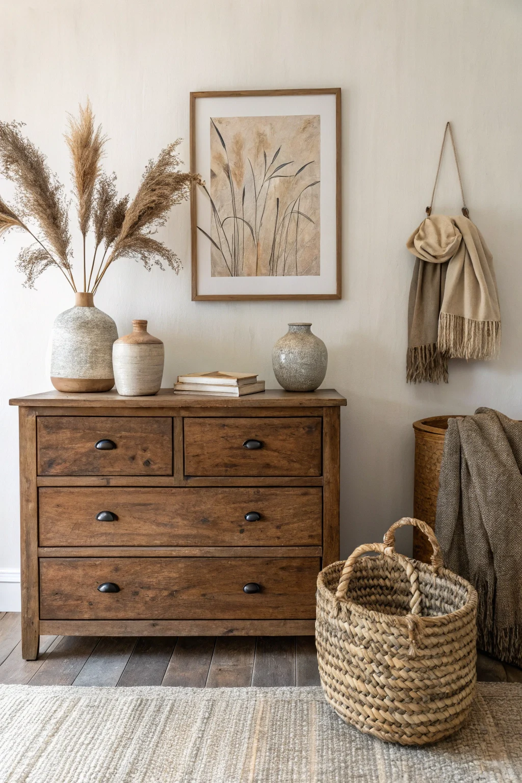 Sustainable boho decor: vintage wood dresser with handmade ceramic vases, dried pampas grass, seagrass basket & abstract art.