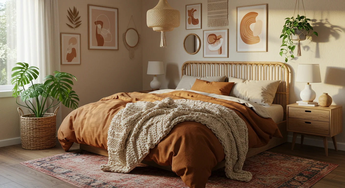 2025 modern boho bedroom with rattan bed, linen bedding, macramé lighting, gallery wall, and lush plants in warm earthy tones.