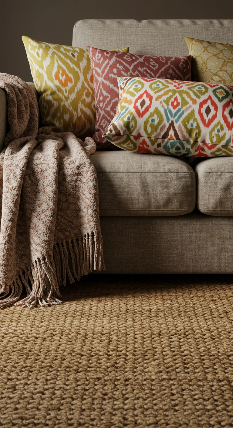 Layered boho textures: fringed throw, mixed-pattern DIY pillow covers, and jute rug on neutral sofa.