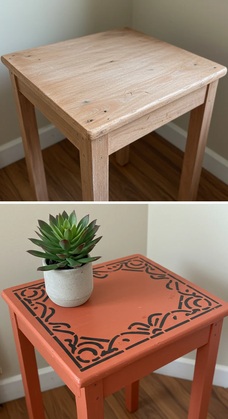 Thrifted wood table transformation: scratched surface vs. vibrant terracotta with geometric stencil and potted plant.