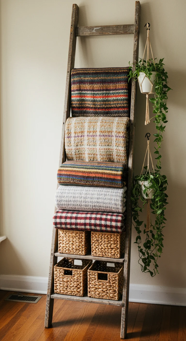 Vintage ladder as boho storage: draped blankets, hanging plants, and woven baskets for vertical decor.