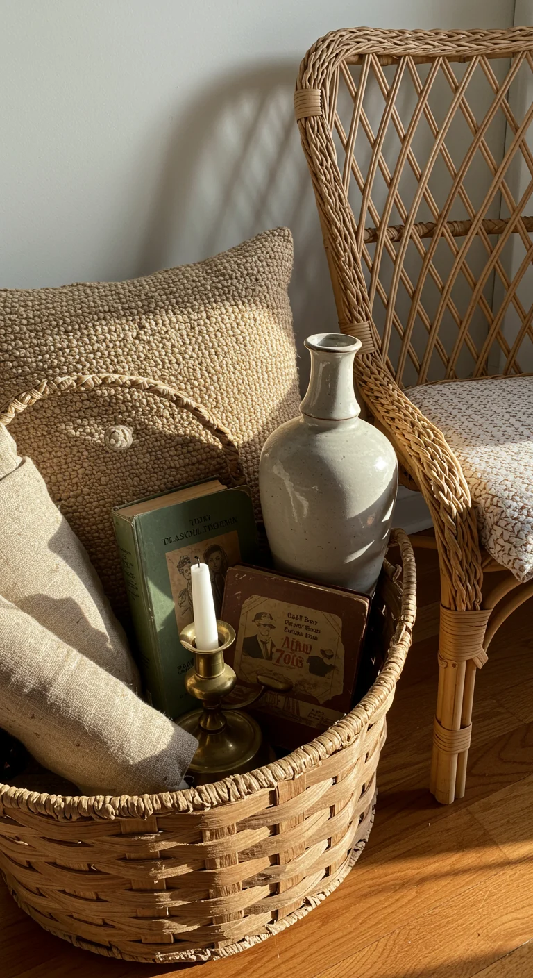 Basket overflowing with thrifted boho decor finds - wicker chair, pillows, brass holder, vase, and fabric in sunlight.