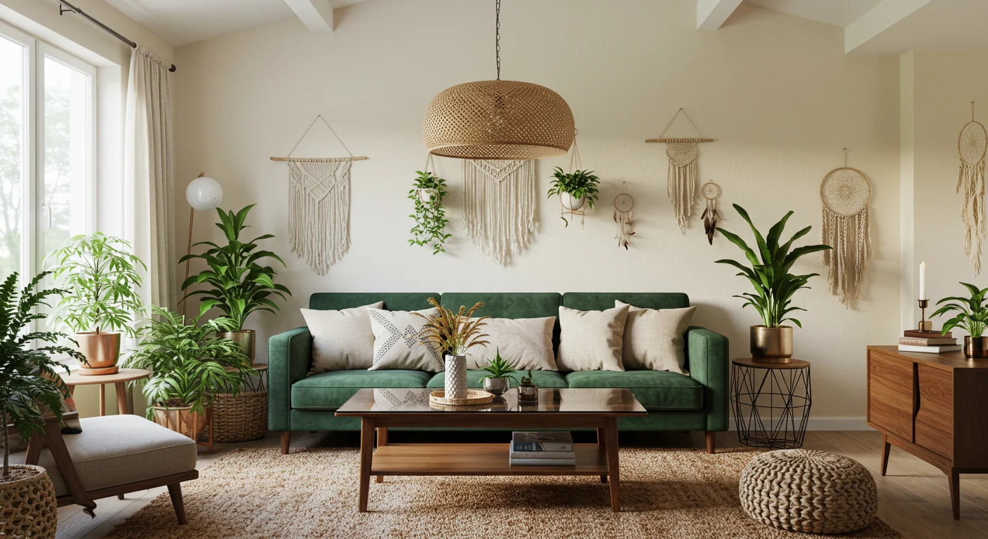 Thrifted decor, DIY macramé project, and $150 boho living room makeover collage showcasing budget-friendly transformations.
