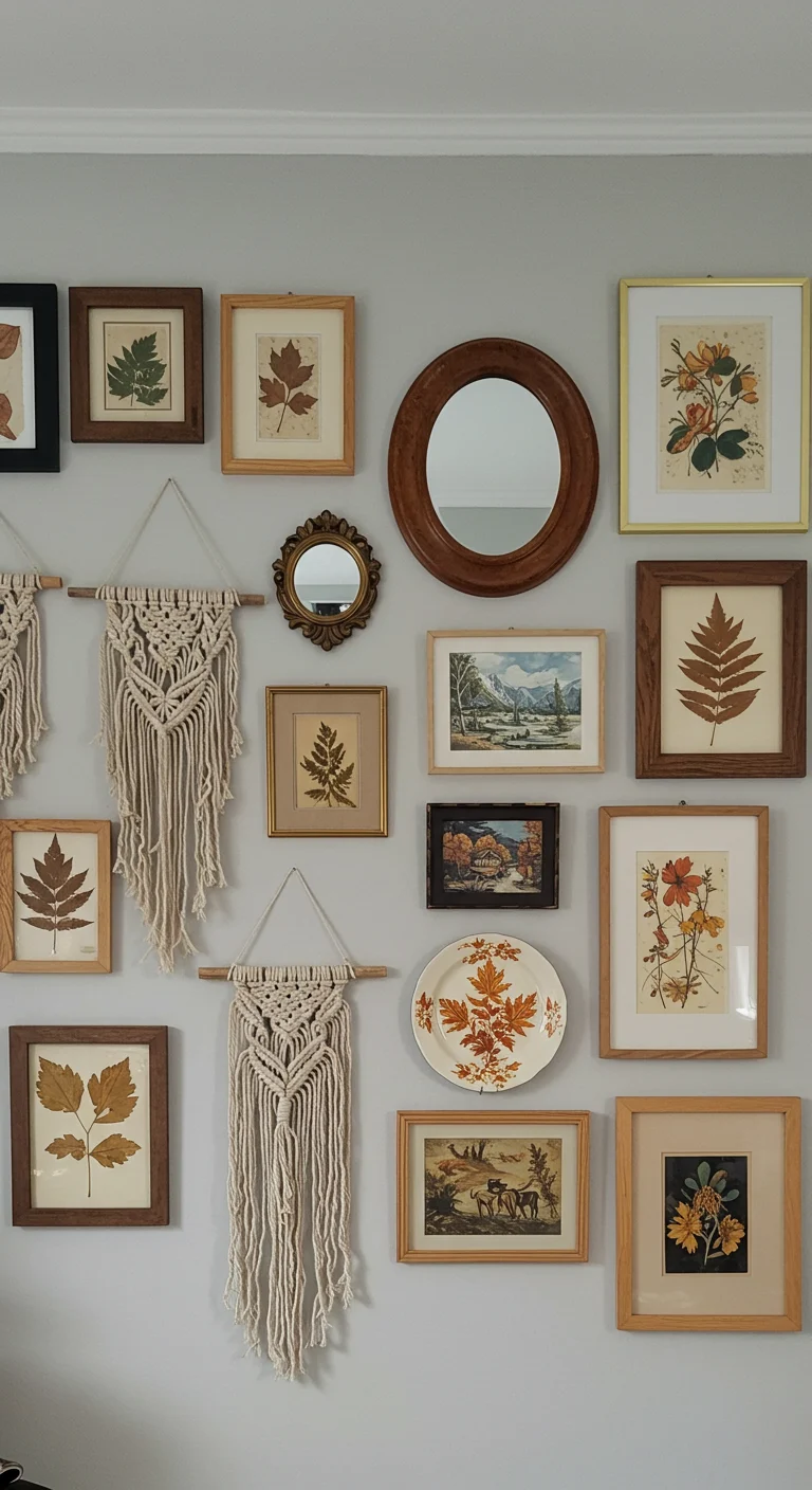 Curated boho gallery wall with thrifted art, DIY macramé, mirror, painted plate, and pressed leaves.