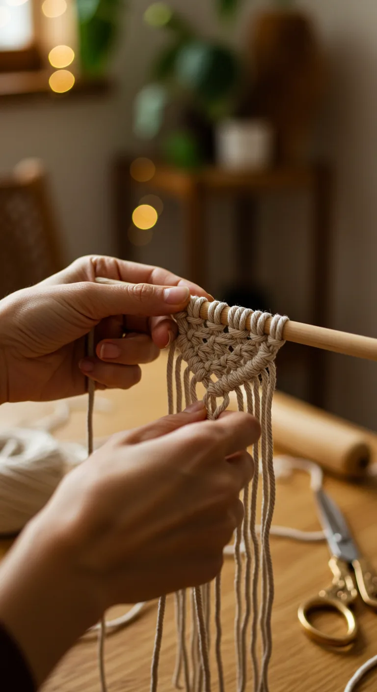 Hands crafting simple macramé wall hanging with cotton cord and wooden dowel for budget boho decor.