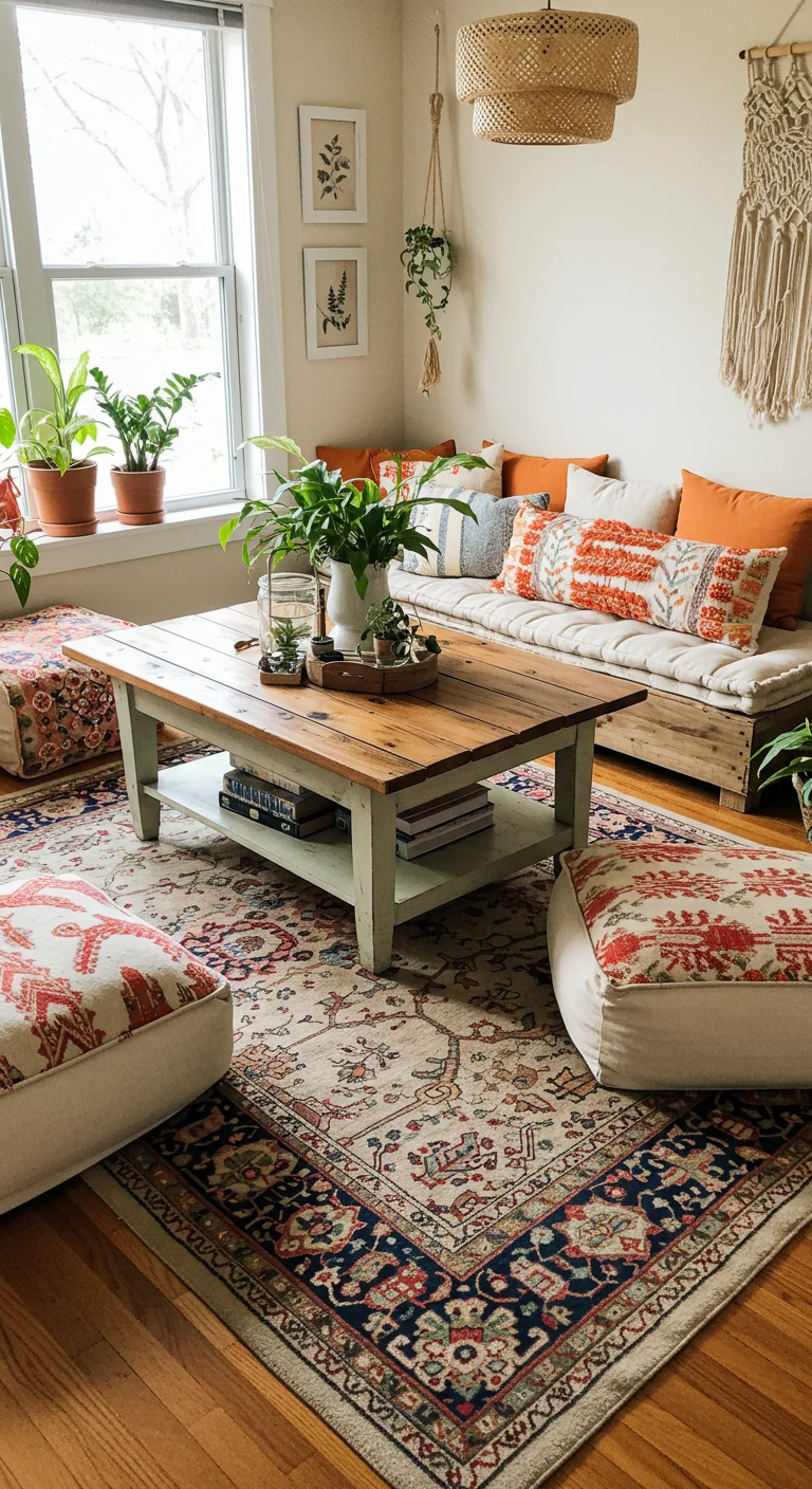 $150 boho living room makeover featuring thrifted rug, painted side table, DIY pillows, and lush plants.